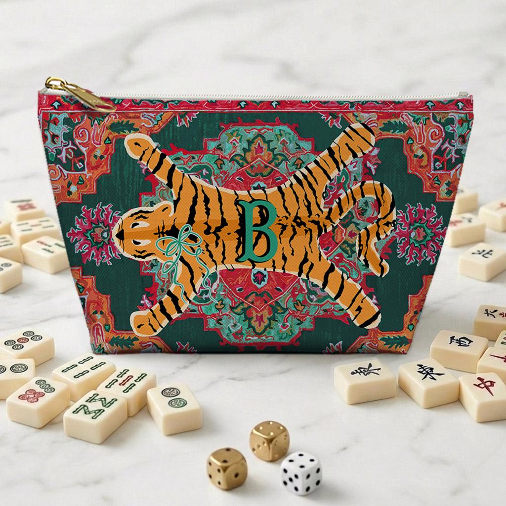 Custom Mahjong Tile Zip Bag, Card Pouch, Game Bag, Preppy, Monogram, Personalized, Letter, Initial, Tiebtan Tiger Oriental Rug, Animal