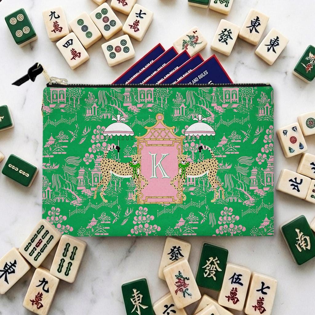 Custom Mahjong Zip Bag, Tile Pouch, Travel, Tech, Game Bag, Chinoiserie, Preppy, Large, Monogram, Personalized, Letter, Initial, Dice, Toile