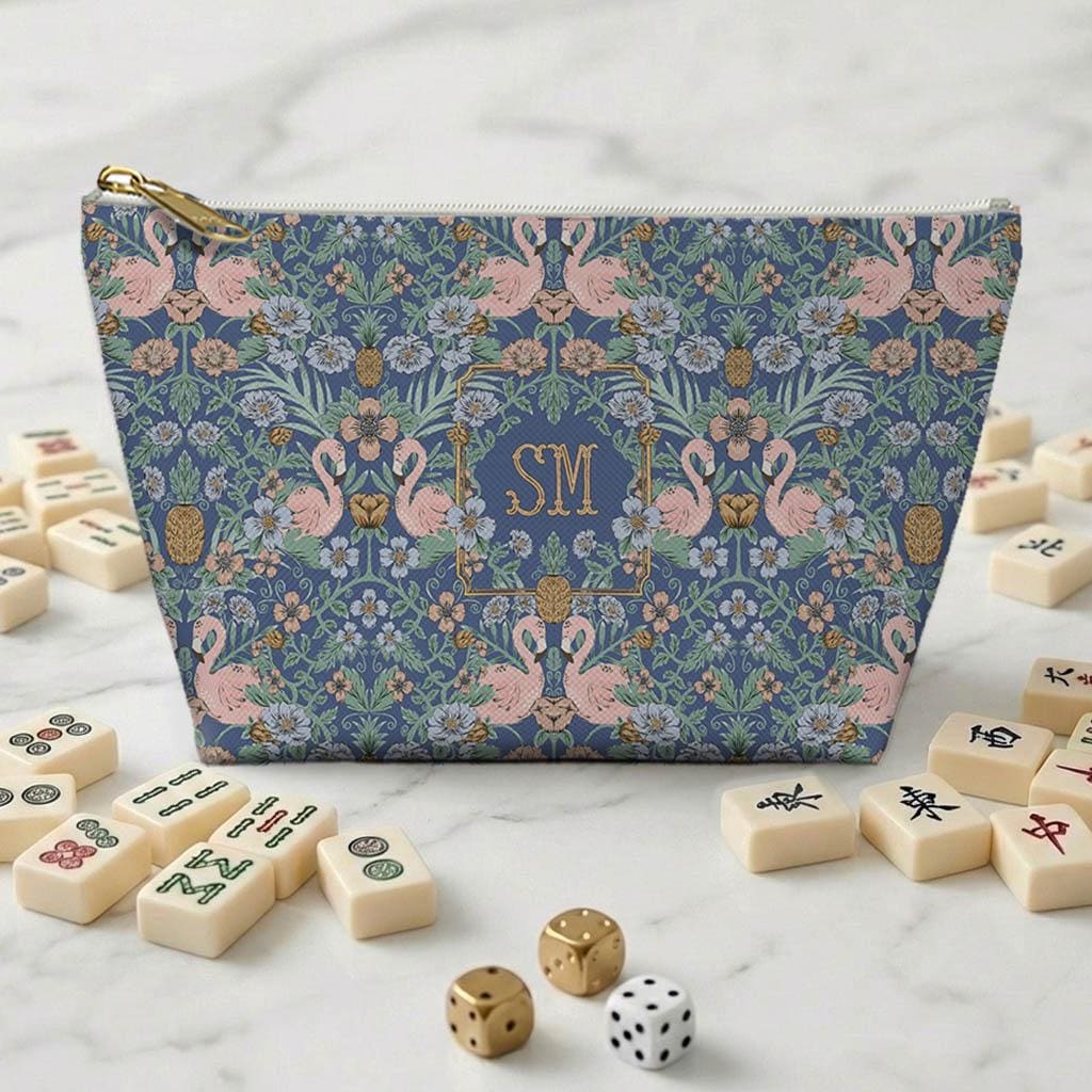 Custom Zip Mahjong Card Bag, Monogram, Personalized, Letter, Initial, Travel Pouch, Preppy, Vintage Flamingo, Pineapple, Classy, Blue, Pink