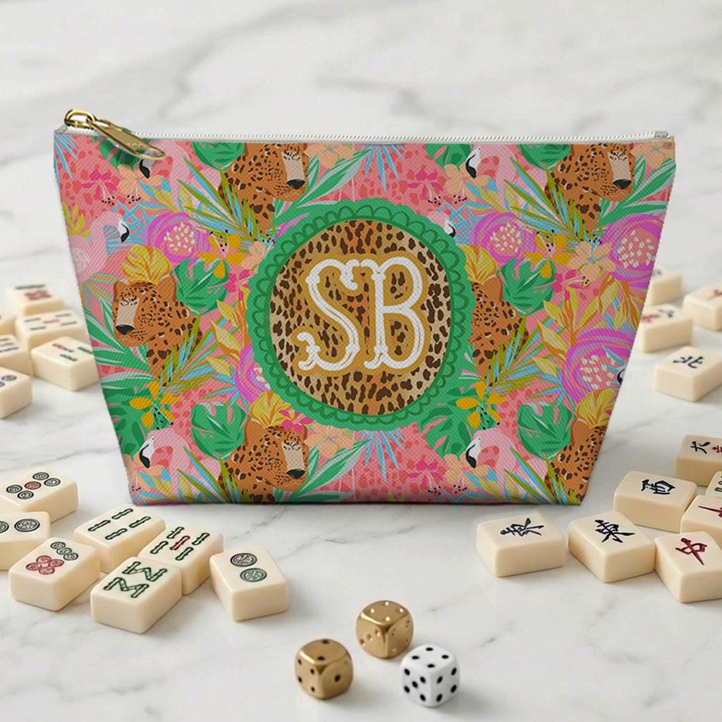 Custom Zip Mahjong Card Bag, Monogram, Personalized, Letter, Initial, Travel Pouch, Tech, Chinoiserie, Tibetan Tiger, Stripes, Preppy