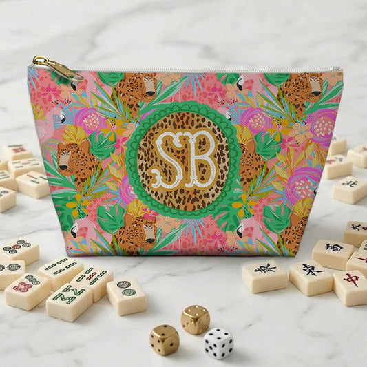 Custom Zip Mahjong Card Bag, Monogram, Personalized, Letter, Initial, Travel Pouch, Tech, Chinoiserie, Tibetan Tiger, Stripes, Preppy