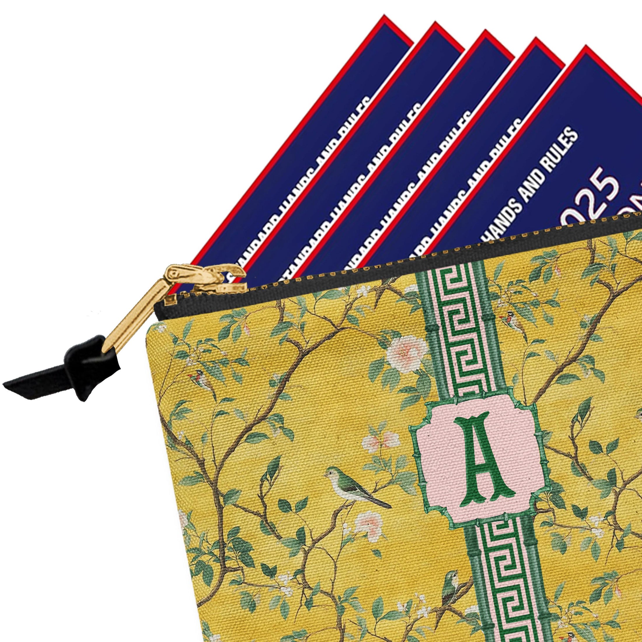 Custom Zip Mahjong Card Bag, Monogram, Personalized, Letter, Initial, Travel Pouch, Tech, Chinoiserie, Preppy, Golden Vintage Birds