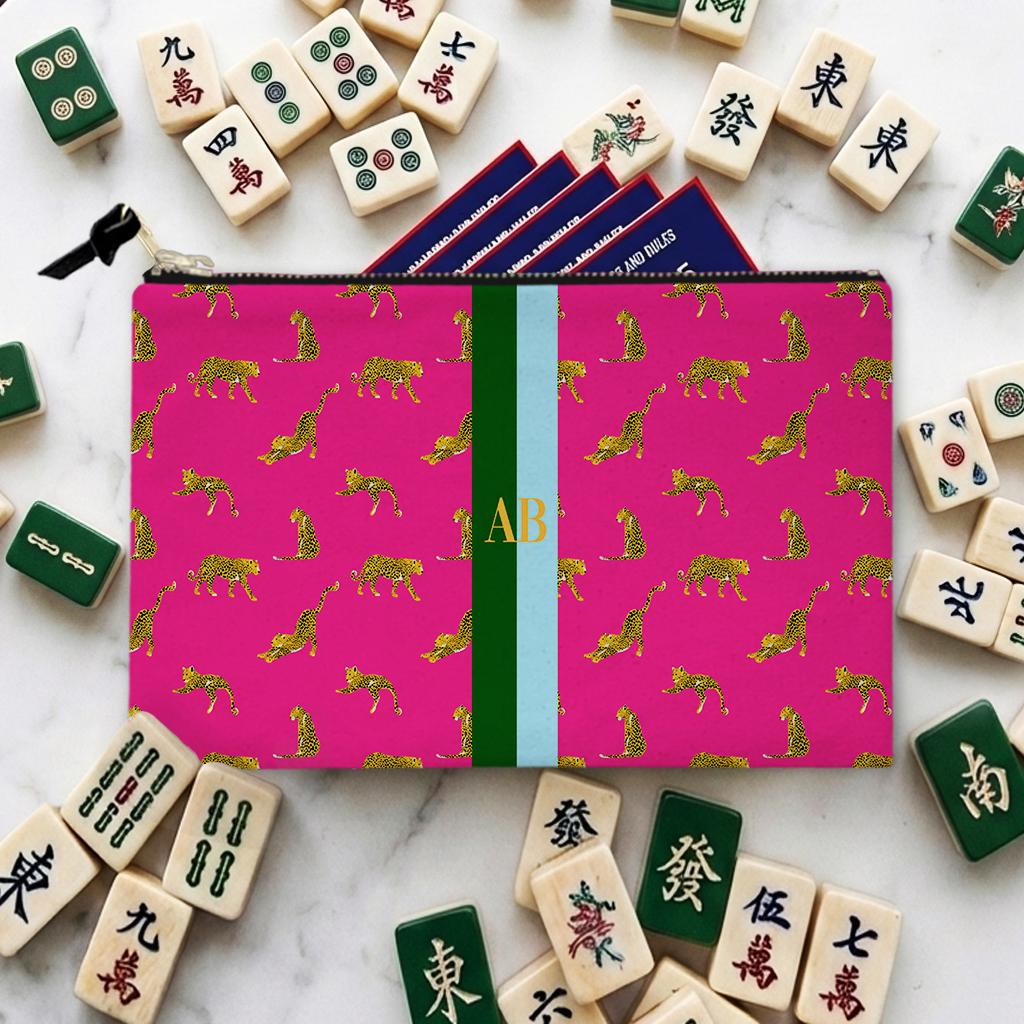 Custom Mahjong Tile Zip Bag, Card Pouch, Game Bag, Preppy, Monogram, Personalized, Letter, Initial, Preppy Leopard Cheetah, Stripe