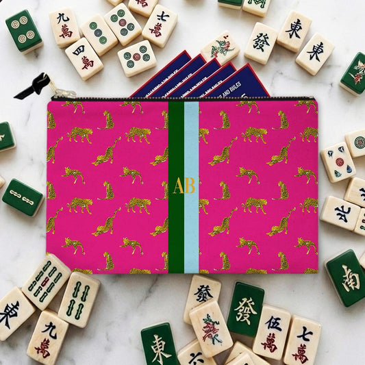 Custom Mahjong Tile Zip Bag, Card Pouch, Game Bag, Preppy, Monogram, Personalized, Letter, Initial, Preppy Leopard Cheetah, Stripe