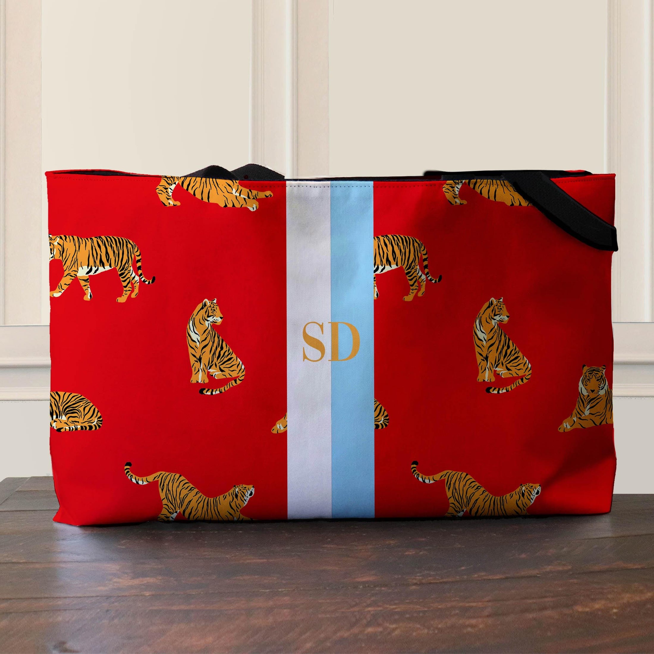Custom Mahjong Tote Bag, Large Travel Bag, Monogram, Rope, Personalized, Letter, Initial, Preppy Tiger, Stripes, Green, Blue, Pink, Red