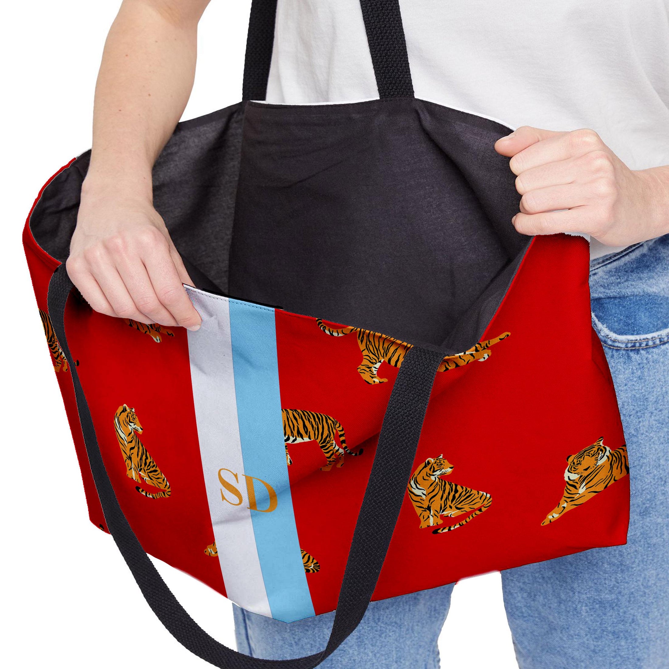 Custom Mahjong Tote Bag, Large Travel Bag, Monogram, Rope, Personalized, Letter, Initial, Preppy Tiger, Stripes, Green, Blue, Pink, Red