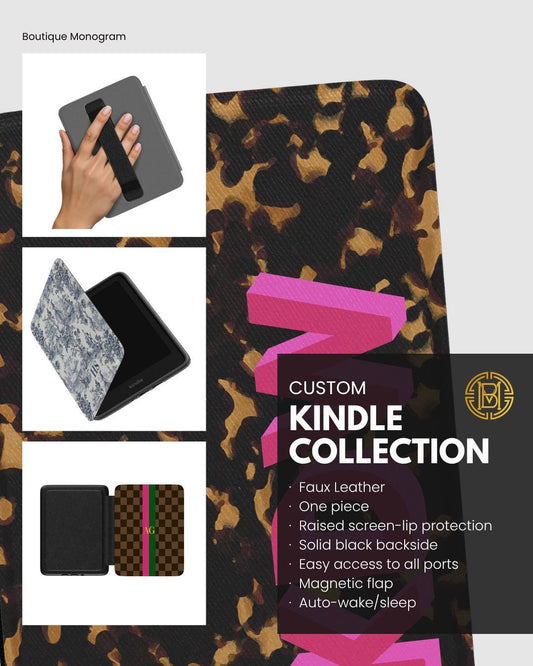 Personalized Kindle Case, 6", 6.8", 7" Paperwhite Colorsoft Signature, Custom Cover, Initials, Name, Monogram, Cabana Stripes, Green, Pink
