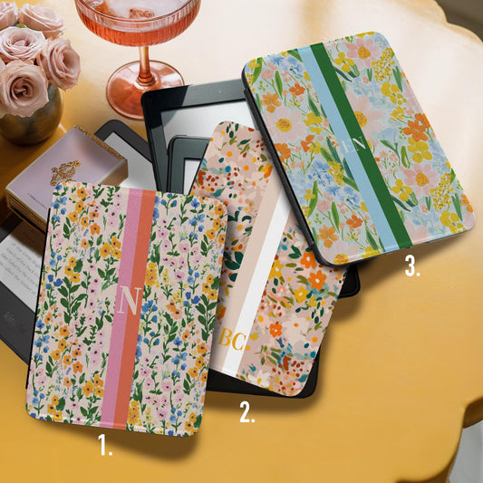 Personalized Kindle Case, 6", 6.8", 7" Paperwhite Colorsoft Signature, Custom Cover, Initials, Name, Monogram, Watercolor Flowers, Stripes