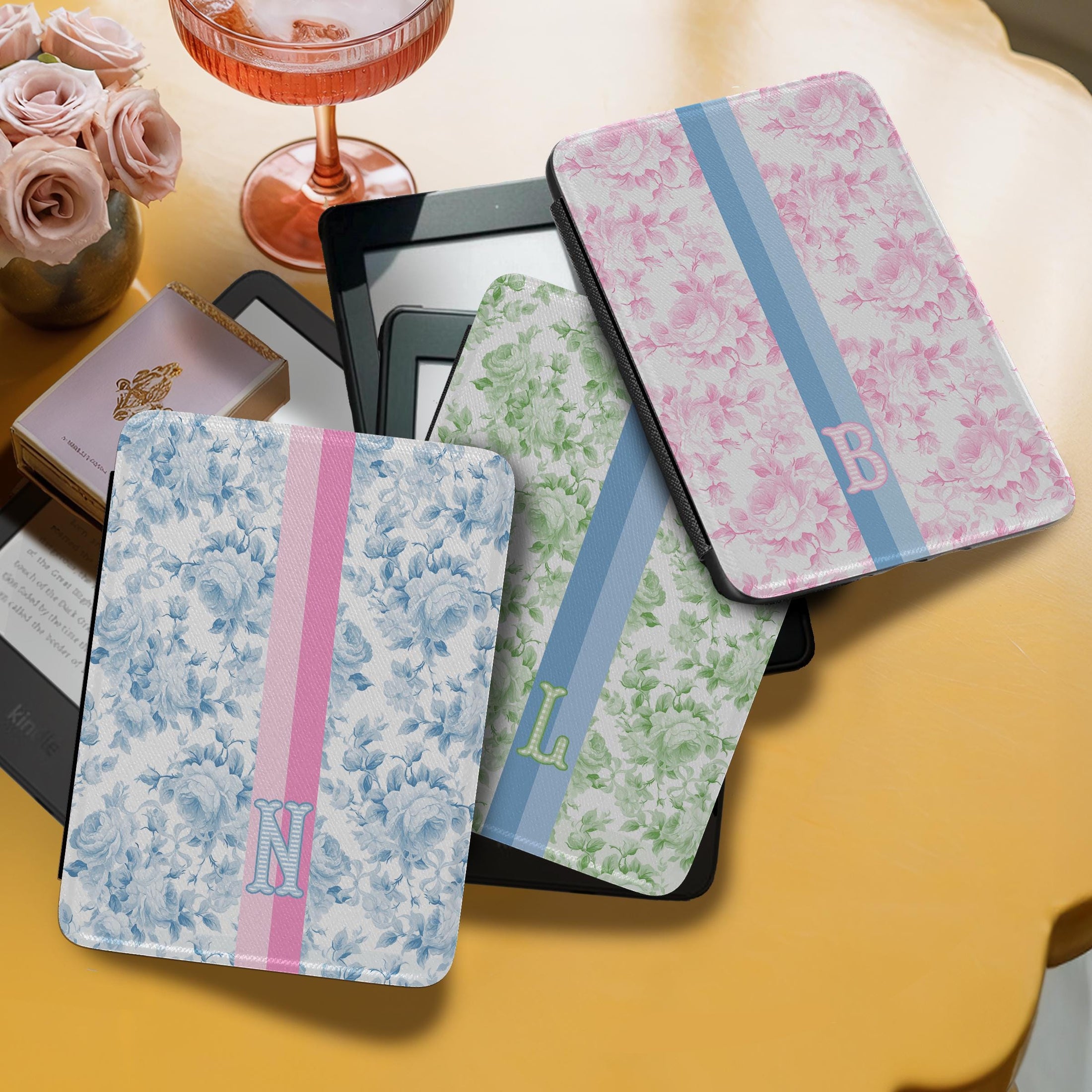Personalized Kindle Case, 6", 6.8", 7" Paperwhite Colorsoft Signature, Custom Cover, Initials, Name, Monogram, Pastel Roses Stripes