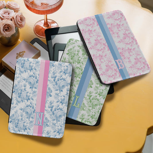 Personalized Kindle Case, 6", 6.8", 7" Paperwhite Colorsoft Signature, Custom Cover, Initials, Name, Monogram, Pastel Roses Stripes