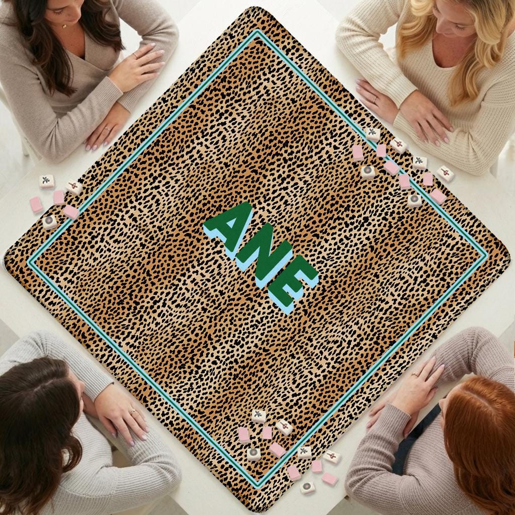 Custom Mahjong Mat, Neoprene, Personalized, Monogram, Letter, Initial, Modern, Preppy Leopard Cheetah, Animal Print Design