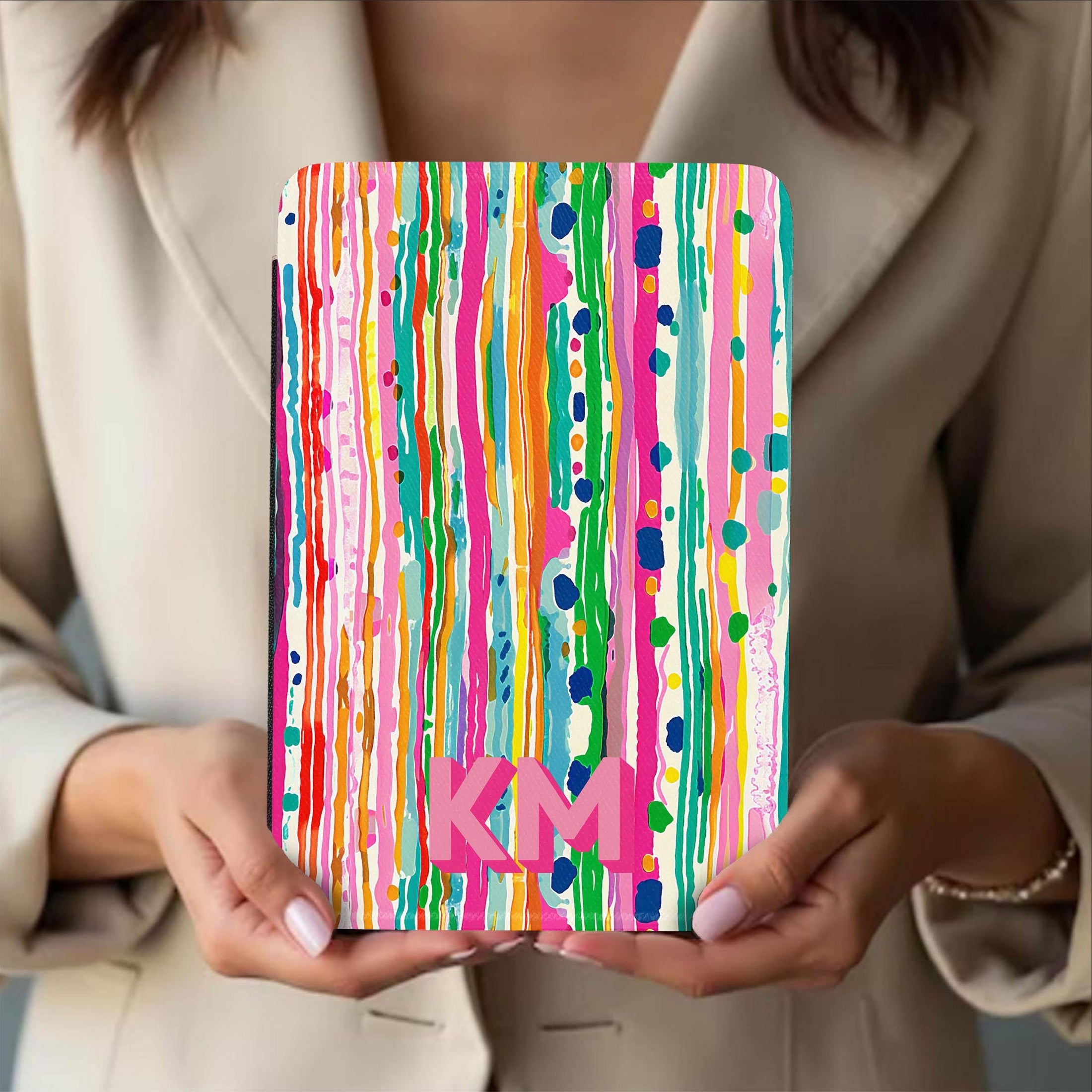 Personalized Kindle Case, 6", 6.8", 7”,Paperwhite, Colorsoft, Signature, Custom Cover, Monogram, Initial, Watercolor Paint Stripes, Pink
