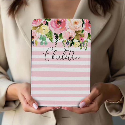 Personalized Kindle Case, 6", 6.8", 7”,Paperwhite, Colorsoft, Signature, Custom Cover, Initial, Watercolor Flowers, Pink White Stripes