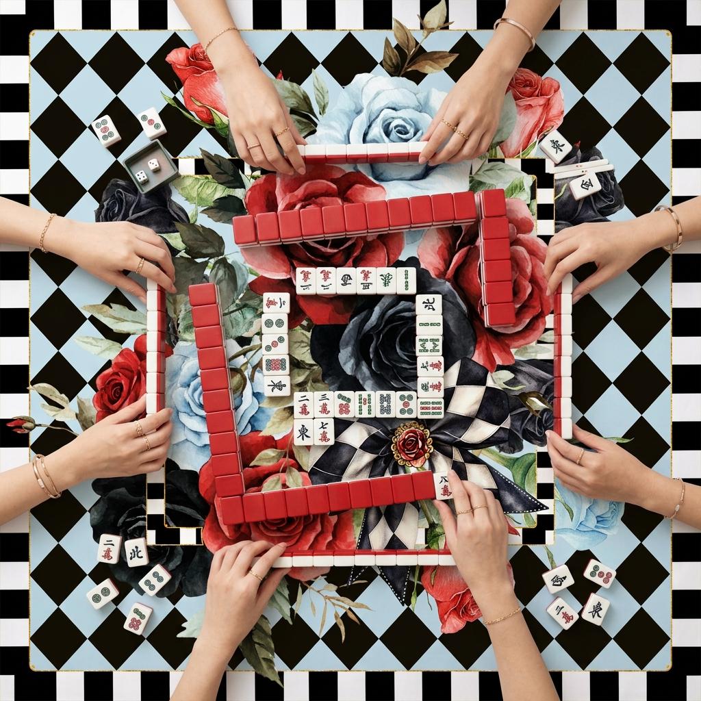 Mahjong Mat, Preppy, Floral, Watercolor Flowers, Blue, Black, Red, Roses, Diamonds, Black White Bow