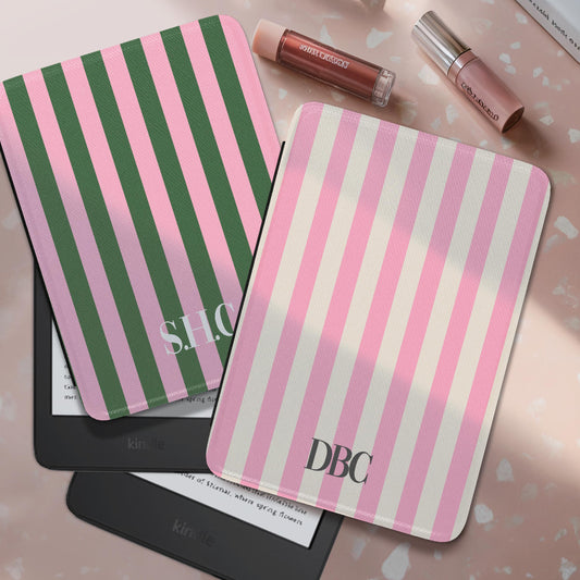 Personalized Kindle Case, 6", 6.8", 7" Paperwhite Colorsoft Signature, Custom Cover, Initials, Name, Monogram, Cabana Stripes, Green, Pink