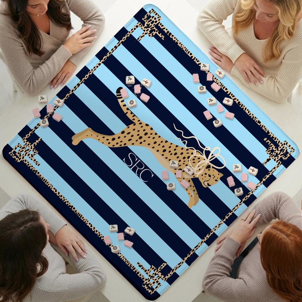 Custom Mahjong Mat, Neoprene, Personalized, Monogrammed, Letter, Initial, Leopard Cheetah, Stripes, Preppy