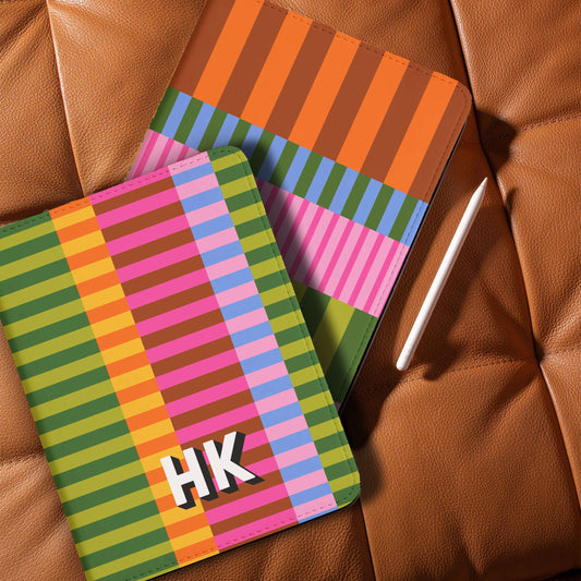 Personalized Ipad Case, Pro, Air, 11, 12.9, Custom Cover, Monogram, Folio, Initials, Maximalist, Bright, Stripes, Pink, Green, Blue, Orange