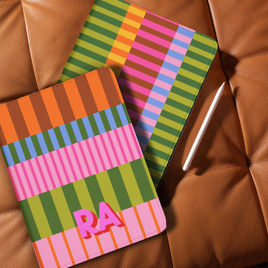 Personalized Ipad Case, Pro, Air, 11, 12.9, Custom Cover, Monogram, Folio, Initials, Maximalist, Bright, Stripes, Pink, Green, Blue, Orange