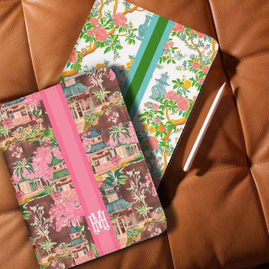 Personalized Ipad Case, Pro, Air, 11, 12.9, Custom Cover, Monogram, Folio, Stand, Initial, Preppy, Chinoiserie, Ginger Jar, Pagodas, Stripes