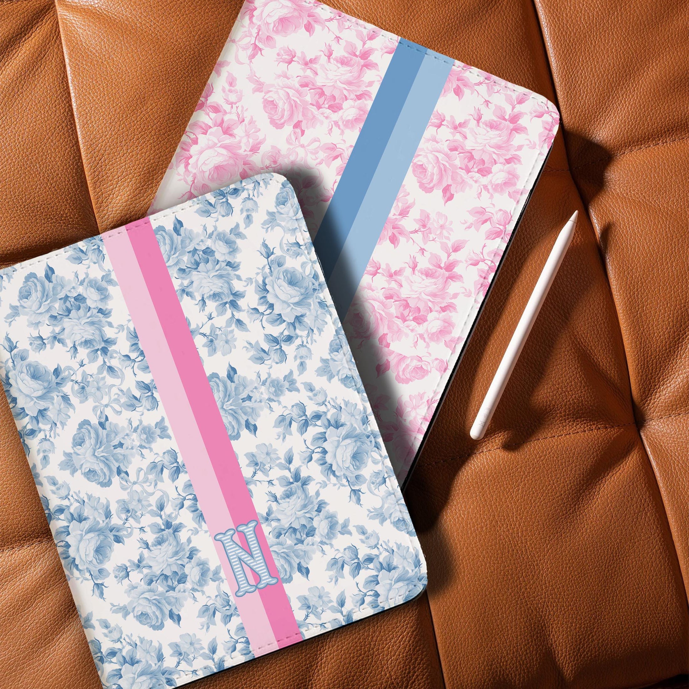 Personalized Ipad Case, Pro, Air, 11, 12.9, Custom Cover, Monogram, Folio, Stand, Name, Fancy Love Roses, Blue, Pink
