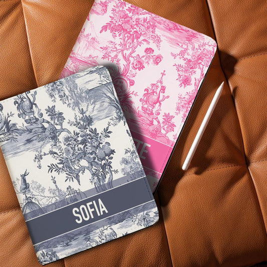Personalized Ipad Case, Pro, Air, 11, 12.9, Custom Cover, Monogram, Folio, Stand, Initial, Preppy, Designer Toile, Pink, Slate Blue
