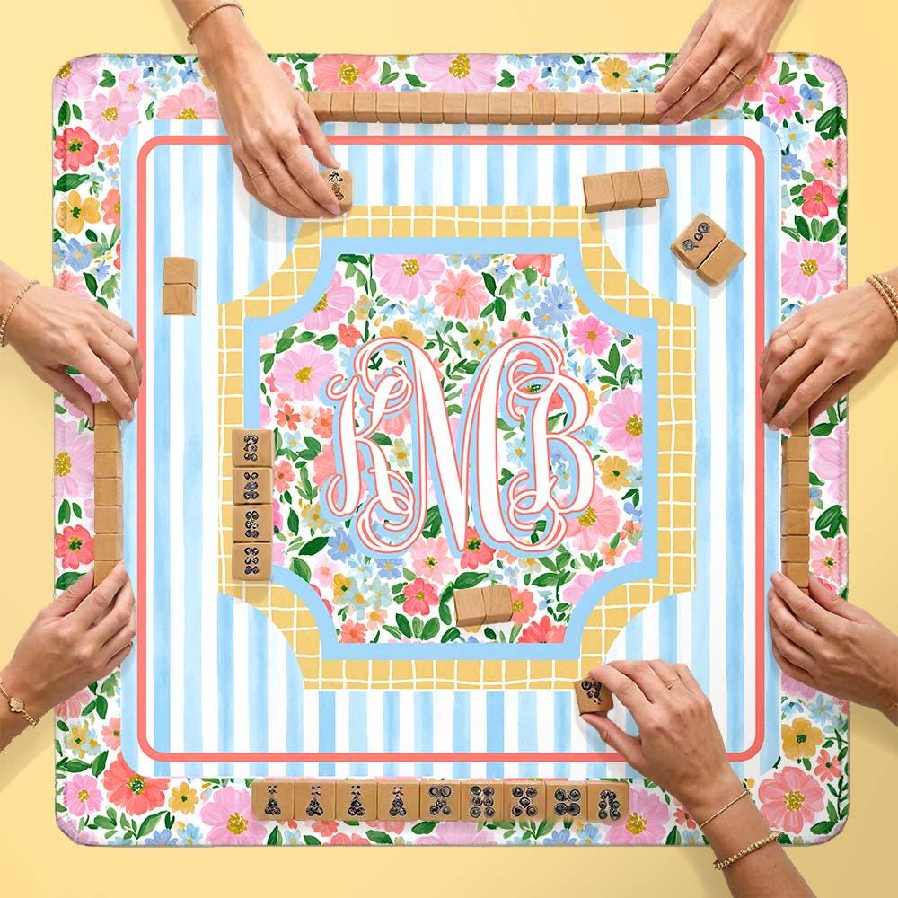Custom Mahjong Mat, Neoprene, Personalized, Monogram, Letter, Initial, Dainty Flowers, Stripes, Bright, Colorful, Pink, Blue, Orange, Green