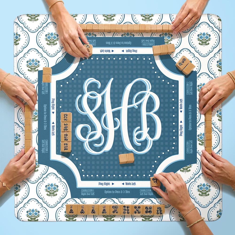 Custom Mahjong Mat, Neoprene, Personalized, Monogram, Letter, Initial, Preppy, Grand Millennial, Flowers, Plaid, Checker, Pastel, blue green