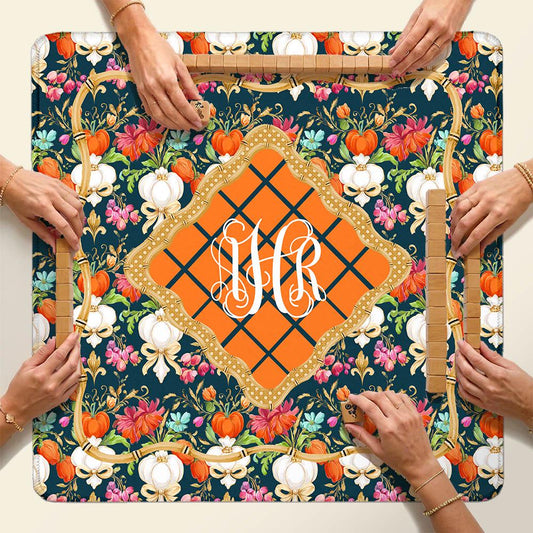 Custom Mahjong Mat, Neoprene, Personalized, Monogram, Letter, Initial, Preppy, Grand Millennial, Flowers, Pumpkins, Fall, Halloween