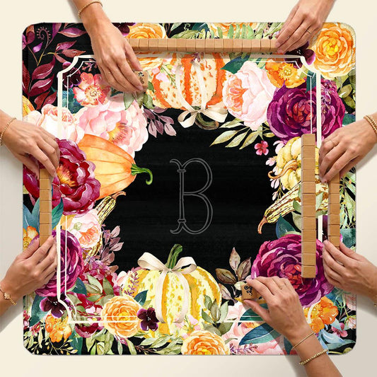 Custom Mahjong Mat, Neoprene, Personalized, Monogram, Letter, Initial, Moody, Watercolor, Flowers, Pumpkins, Fall, Halloween
