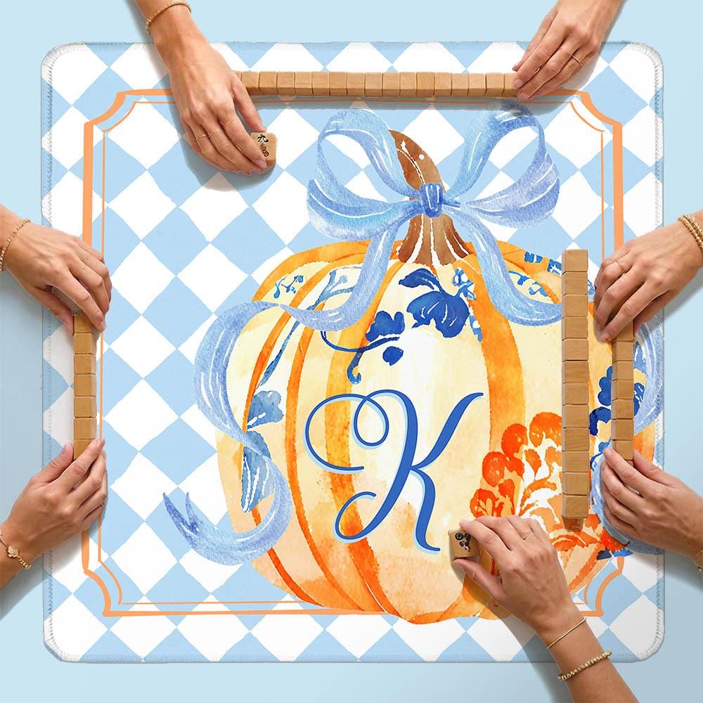 Custom Mahjong Mat, Neoprene, Personalized, Monogram, Letter, Initial, Preppy, Grand Millennial, Flowers, Pumpkins, Fall, Halloween