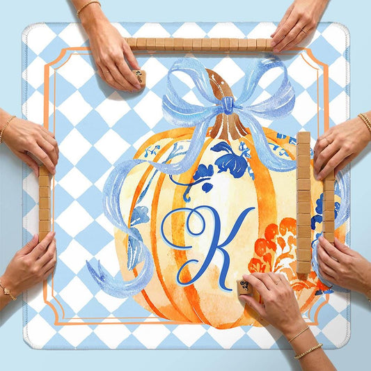 Custom Mahjong Mat, Neoprene, Personalized, Monogram, Letter, Initial, Preppy, Grand Millennial, Flowers, Pumpkins, Fall, Halloween