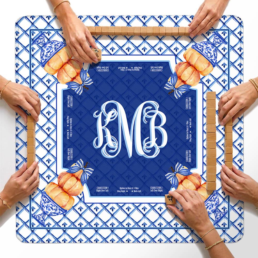 Custom Mahjong Mat, Neoprene, Personalized, Monogram, Letter, Initial, Preppy, Grand Millennial, Flowers, Pumpkins, Fall, Halloween
