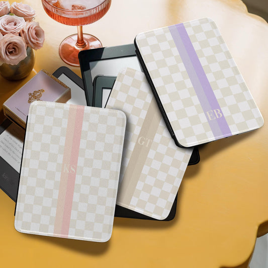 Personalized Kindle Case, 6", 6.8", 7" Paperwhite Colorsoft Signature, Custom Initials, Monogram, Pastel Checkers, pink, blue, green, purple