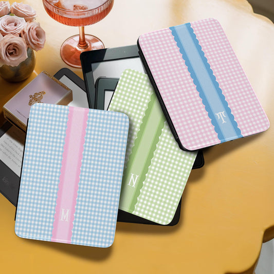 Personalized Kindle Case, 6", 6.8", 7" Paperwhite Colorsoft Signature, Custom Initials, Monogram, Pastel Gingham, pink, blue, green, purple