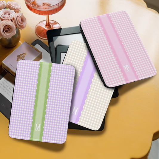 Personalized Kindle Case, 6", 6.8", 7" Paperwhite Colorsoft Signature, Custom Initials, Monogram, Pastel Gingham, pink, blue, green, purple