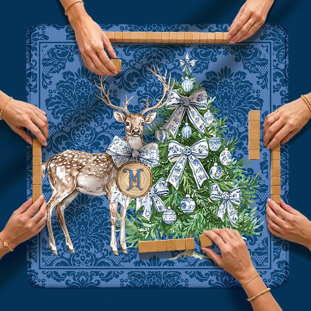 Custom Mahjong Mat, 31.5", Neoprene, Personalized, Monogrammed, Letter, Initial, Winter, Holiday, Christmas, Wreath, Gift, Damask, Reindeer