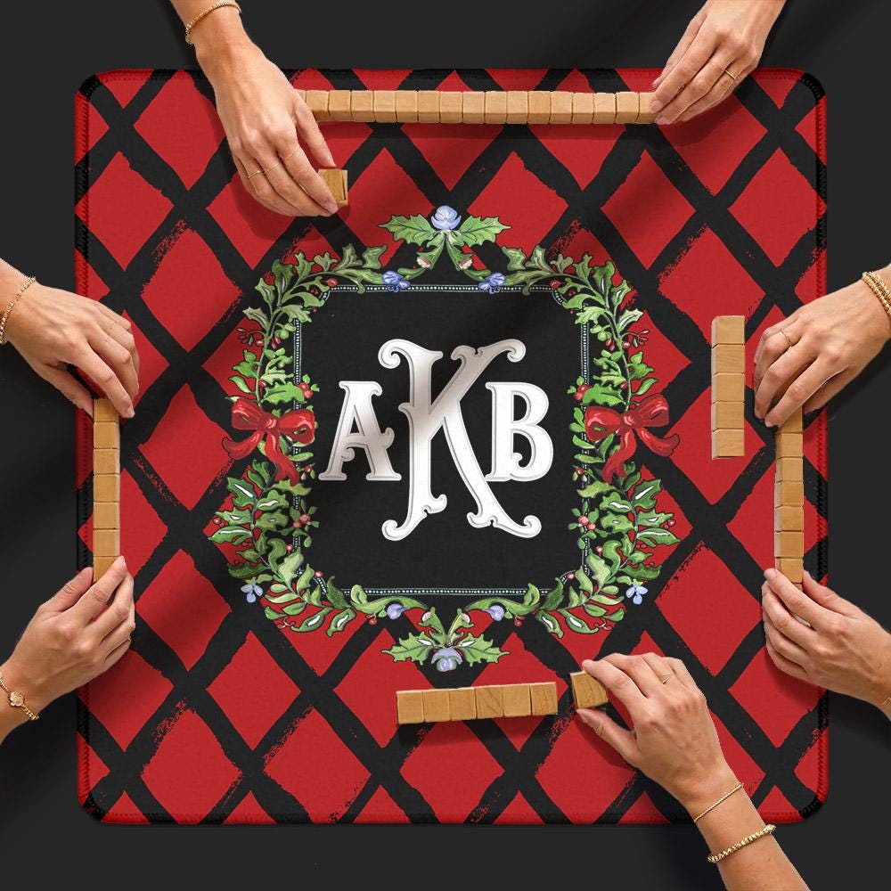 Custom Mahjong Mat, 31.5", Neoprene, Personalized, Monogrammed, Letter, Initial, Winter, Holiday, Christmas, Wreath, Gift, Holly