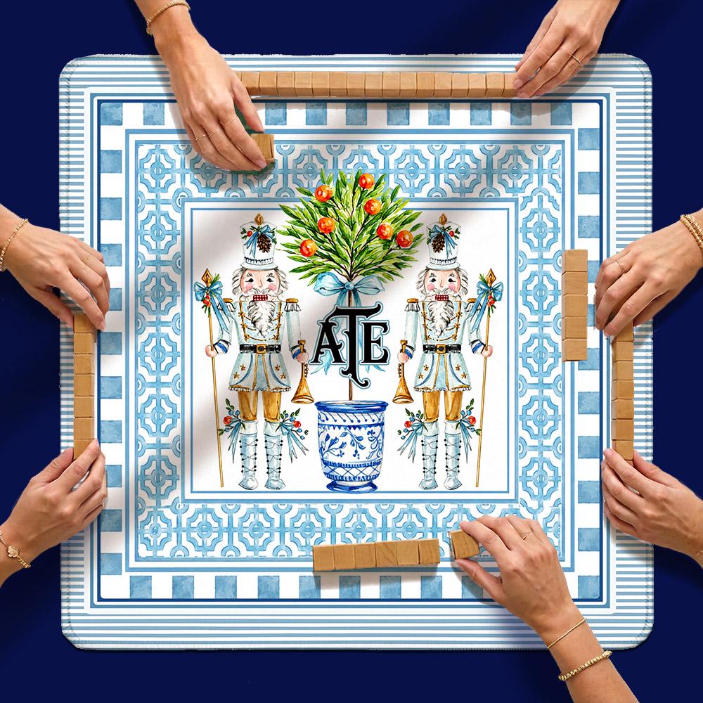 Custom Mahjong Mat, 31.5", Neoprene, Personalized, Monogrammed, Initial, Winter, Holiday, Christmas, Blue White Stiripe Nutcrackers, Preppy