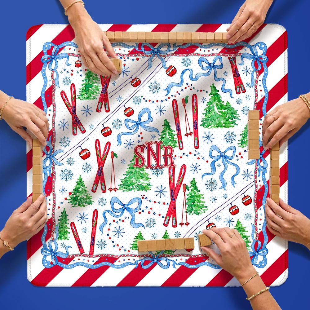 Custom Mahjong Mat, 31.5", Neoprene, Personalized, Monogrammed, Initial, Winter, Holiday, Christmas, Snow, Skiing, Stripes