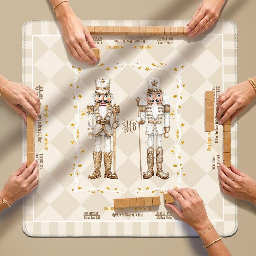 Custom Mahjong Mat, 31.5", Neoprene, Personalized, Monogrammed, Initial, Winter, Holiday, Christmas, Tan, Neutral Nutcrackers, Harlequin