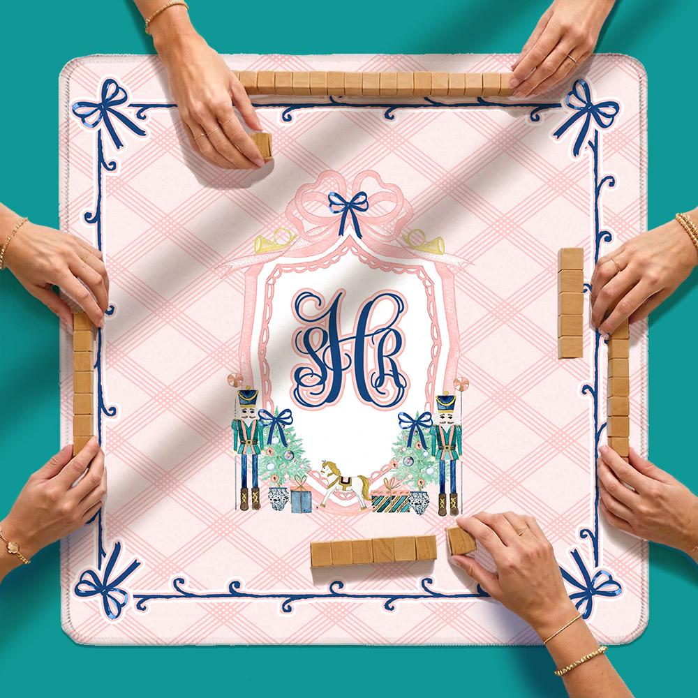 Custom Mahjong Mat, 31.5", Neoprene, Personalized, Monogrammed, Initial, Winter, Holiday, Christmas, Nutcrackers, Pink Plaid, Preppy