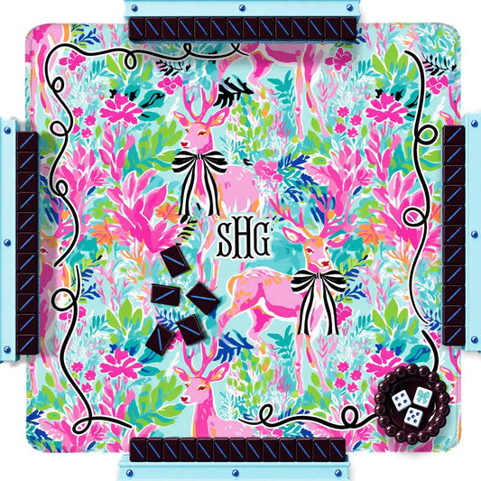 Custom Mahjong Mat, 31.5", Neoprene, Personalized, Monogrammed, Initial, Winter, Holiday, Christmas, Bright Reindeer, Preppy