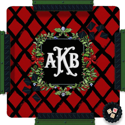 Custom Mahjong Mat, 31.5", Neoprene, Personalized, Monogrammed, Letter, Initial, Winter, Holiday, Christmas, Wreath, Gift, Holly