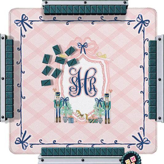Custom Mahjong Mat, 31.5", Neoprene, Personalized, Monogrammed, Initial, Winter, Holiday, Christmas, Nutcrackers, Pink Plaid, Preppy
