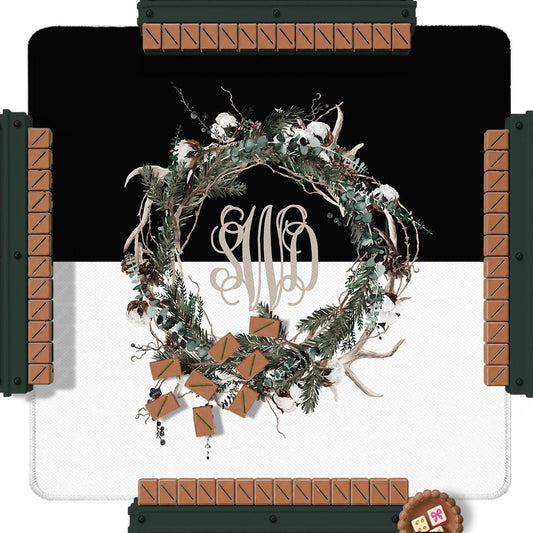 Custom Mahjong Mat, 31.5", Neoprene, Personalized, Monogrammed, Letter, Initial, Winter, Holiday, Christmas, Wreath, Gift, Woodland