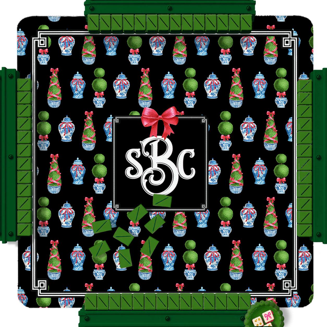 Custom Mahjong Mat, 31.5", Neoprene, Personalized, Initial, Winter, Holiday, Christmas, Preppy, Topiary, Grand Millennial, Ginger Jars