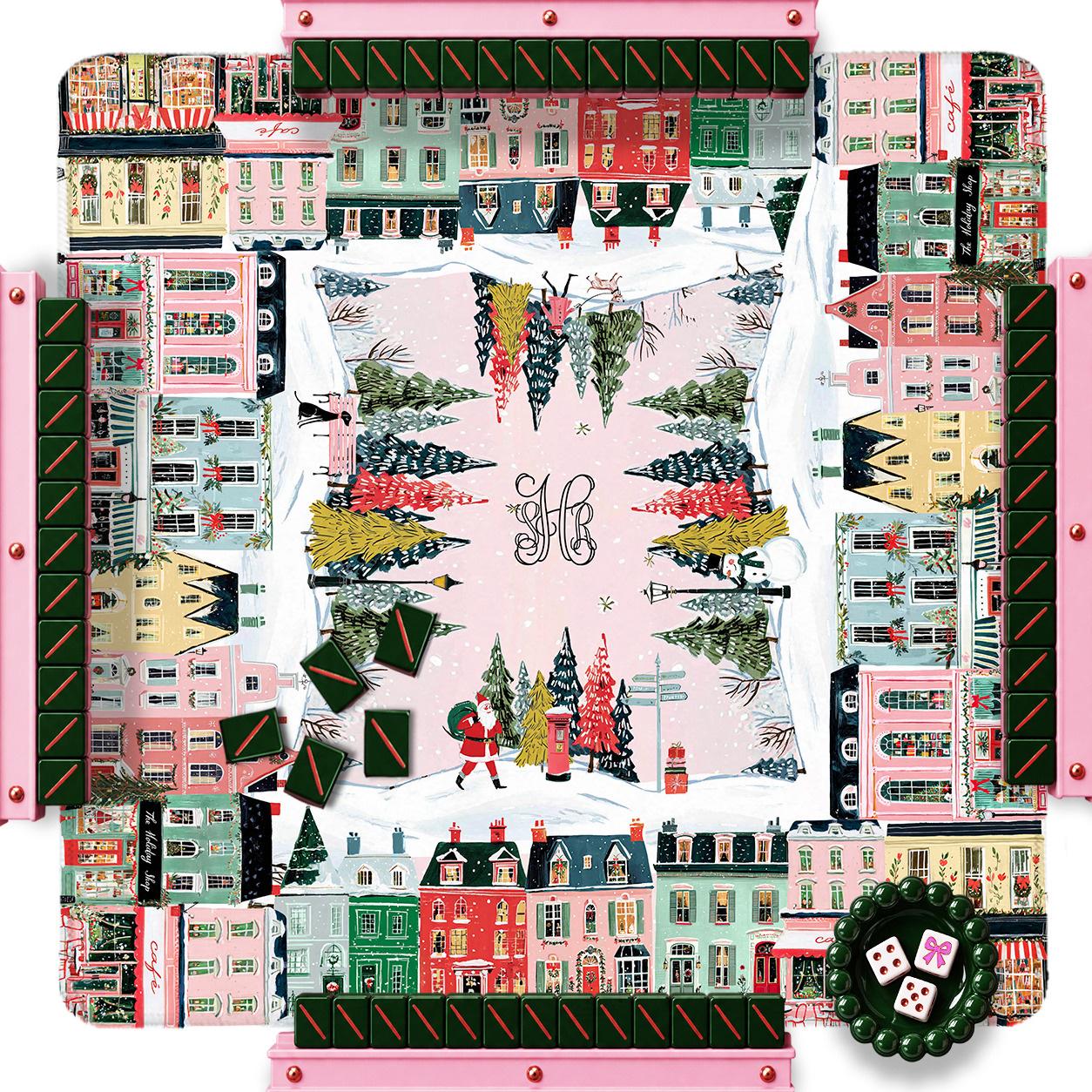 Custom Mahjong Mat, 31.5", Neoprene, Personalized,Monogram, Initial, Winter, Holiday, Christmas, City Scene,Pink Houses, Illustration Preppy