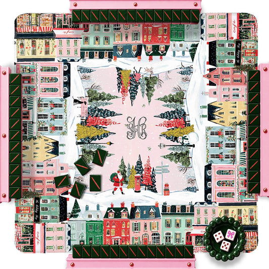 Custom Mahjong Mat, 31.5", Neoprene, Personalized,Monogram, Initial, Winter, Holiday, Christmas, City Scene,Pink Houses, Illustration Preppy