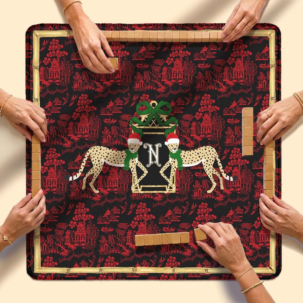 Custom Mahjong Mat, 31.5", Neoprene, Personalized, Monogrammed, Letter, Initial, Winter, Holiday, Christmas, Leopard, Chinoiserie, Pagoda