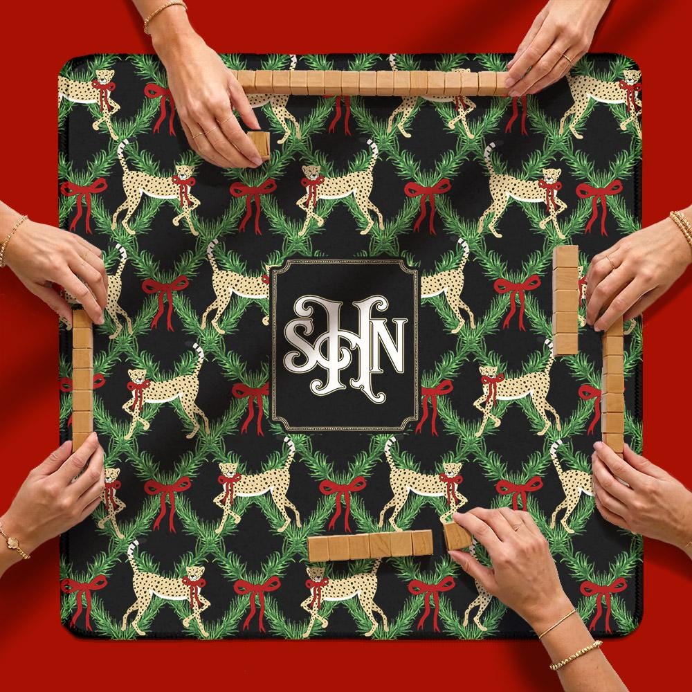 Custom Mahjong Mat, 31.5", Neoprene, Personalized, Monogrammed, Letter, Initial, Winter, Holiday, Christmas, Leopards, Bows, Pattern, Merry